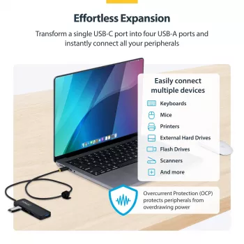 StarTech.com 4-Port USB-C Hub, 5 Gbit/s, Bus-betrieben, USB-C auf 4x USB-A Mini Hub, extra langes 61 cm Host-Kabel, PCR-Kunststoff, tragbarer Desktop- / Laptop-USB-Hub