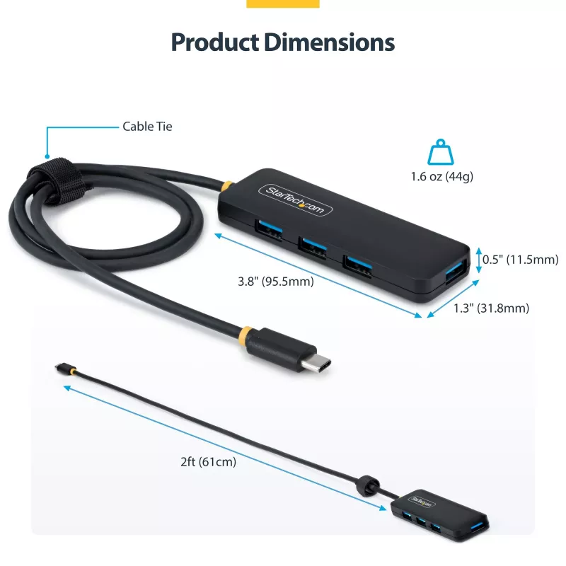 StarTech.com 4-Port USB-C Hub, 5 Gbit/s, Bus-betrieben, USB-C auf 4x USB-A Mini Hub, extra langes 61 cm Host-Kabel, PCR-Kunststoff, tragbarer Desktop- / Laptop-USB-Hub