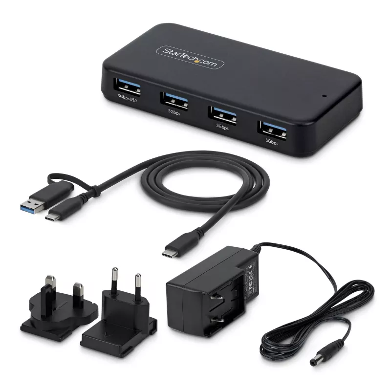 StarTech.com 4-Port USB-A Hub, 5 Gbit/s, selbstversorgt, 2-in-1 USB-C- und USB-A-Hostkabel, 1x BC 1.2 Ladeanschluss, 24W-Netzteil inklusive, MacBook und Windows