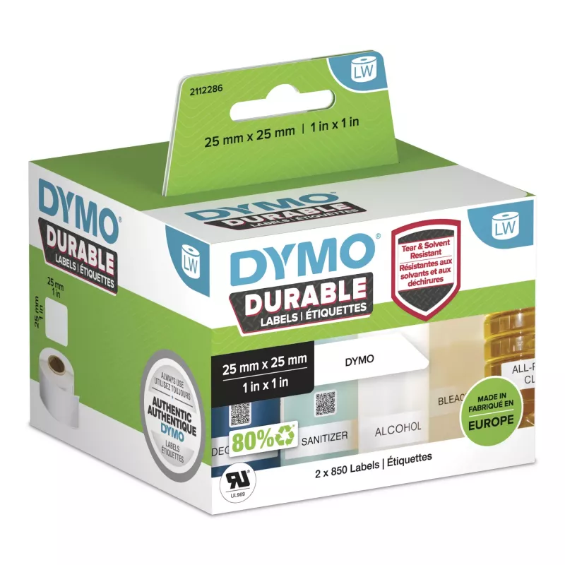 DYMO Original LabelWriter Durable Etiketten | 25 mm x 25 mm | Weißes Poly | 2 Rollen à 850 (1.700 selbstklebende Etiketten) | Hochleistungsfähig | Für LabelWriter Etikettendrucker