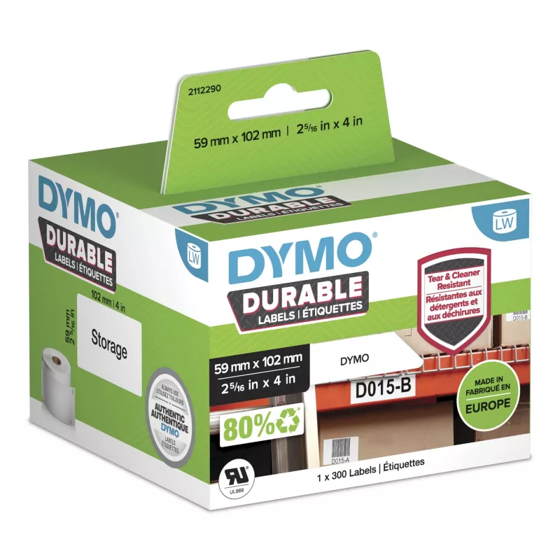 DYMO Original LabelWriter Durable Labels | 59 mm x 102 mm | Weißes Polypropylen | 300 selbstklebende Etiketten | Hochleistung | Für LabelWriter Etikettendrucker