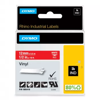 DYMO Rhino Industrie-Vinyletiketten | 12 mm x 5,5 m | Weißer Druck auf Rot | Selbstklebend | für LabelManager & Rhino Etikettendrucker