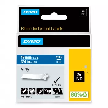DYMO Rhino Industrie-Vinyletiketten | 19 mm x 5,5 m | Weißer Druck auf Blau | Selbstklebend | für LabelManager & Rhino Etikettendrucker