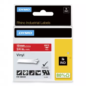 DYMO Rhino Industrie-Vinyl-Etiketten | 19 mm x 5,5 m | Weißer Druck auf Rot | Selbstklebend | für Rhino & LabelManager Etikettendrucker