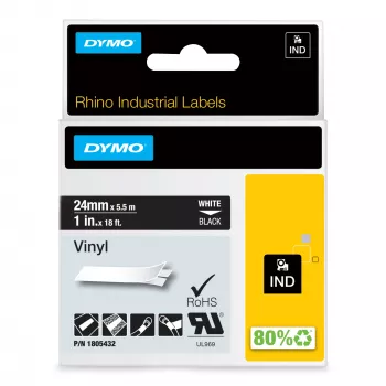 DYMO Rhino Industrie-Vinyletiketten | 24 mm x 5,5 m | Weißer Druck auf Schwarz | Selbstklebend | für LabelManager & Rhino Etikettendrucker
