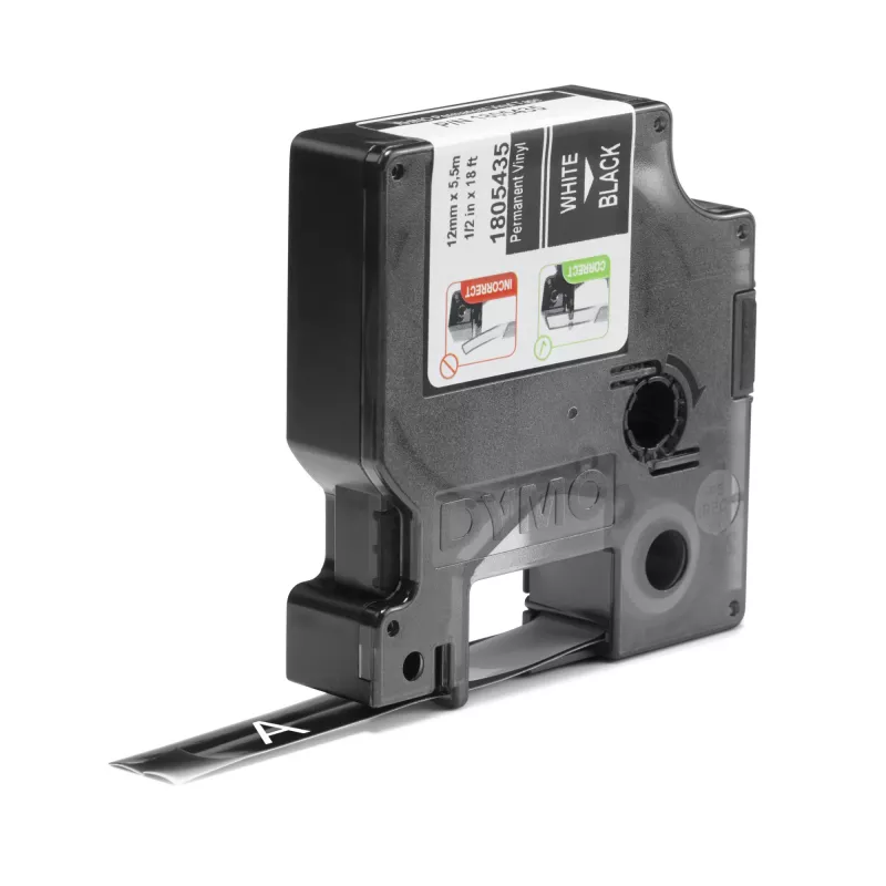 DYMO Rhino Industrie-Vinyletiketten | 12 mm x 5,5 m | Weißdruck auf Schwarz | Selbstklebend | für LabelManager & Rhino Etikettendrucker