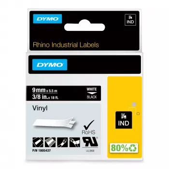 DYMO Rhino Industrie-Vinyletiketten | 9 mm x 5,5 m | Weißer Druck auf Schwarz | Selbstklebend | für LabelManager & Rhino Etikettendrucker