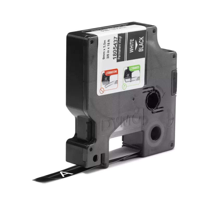 DYMO Rhino Industrie-Vinyletiketten | 9 mm x 5,5 m | Weißer Druck auf Schwarz | Selbstklebend | für LabelManager & Rhino Etikettendrucker