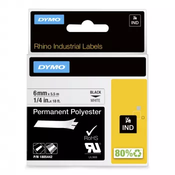 DYMO Rhino Industrielle permanente Polyester-Etiketten | 6 mm x 5,5 m | Schwarzer Druck auf Weiß | Selbstklebend | für Rhino & LabelManager Etikettendrucker