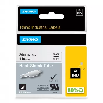 DYMO Rhino Industrial Wärmeschrumpf-Kabeletikettenrollen | 24 mm x 1,5 m | Schwarzer Druck auf Weiß | Selbstklebend | für Rhino Beschriftungsgeräte