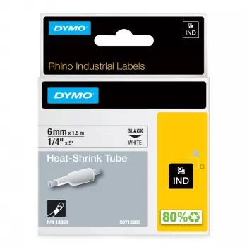 DYMO Rhino Industrial Heat-Shrink Kabel Label Tubes | 6mm x 1,5m | Schwarzer Druck auf Weiß | für Rhino Beschriftungsgeräte