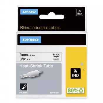 DYMO Rhino Industrie-Schrumpfschlauch-Kabeletikettenröhrchen | 9 mm x 1,5 m | Schwarzer Druck auf Weiß | für Rhino Etikettendrucker