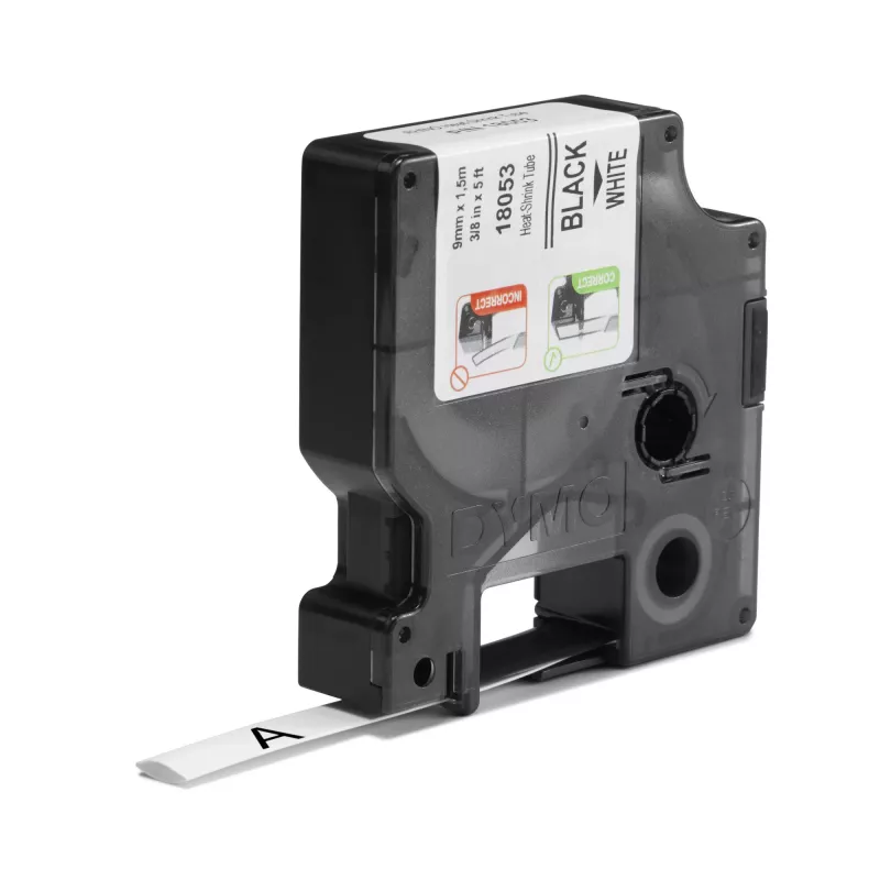 DYMO Rhino Industrie-Schrumpfschlauch-Kabeletikettenröhrchen | 9 mm x 1,5 m | Schwarzer Druck auf Weiß | für Rhino Etikettendrucker