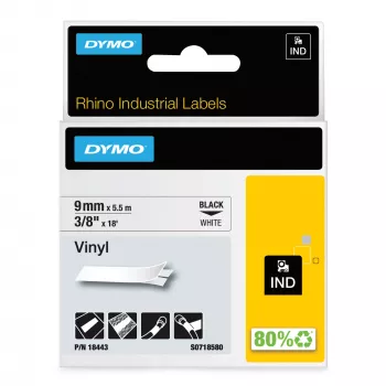 DYMO Rhino Industrie-Vinyletiketten | 9 mm x 5,5 m | Schwarzer Druck auf Weiß | Selbstklebend | für Rhino & LabelManager Etikettendrucker