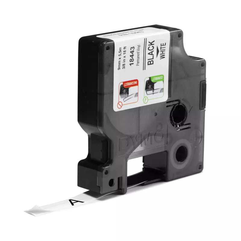 DYMO Rhino Industrie-Vinyletiketten | 9 mm x 5,5 m | Schwarzer Druck auf Weiß | Selbstklebend | für Rhino & LabelManager Etikettendrucker