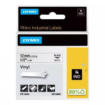 DYMO Rhino Industrie-Vinyl-Etiketten | 12 mm x 5,5 m | Schwarzer Druck auf Weiß | Selbstklebend | für Rhino & LabelManager Etikettendrucker