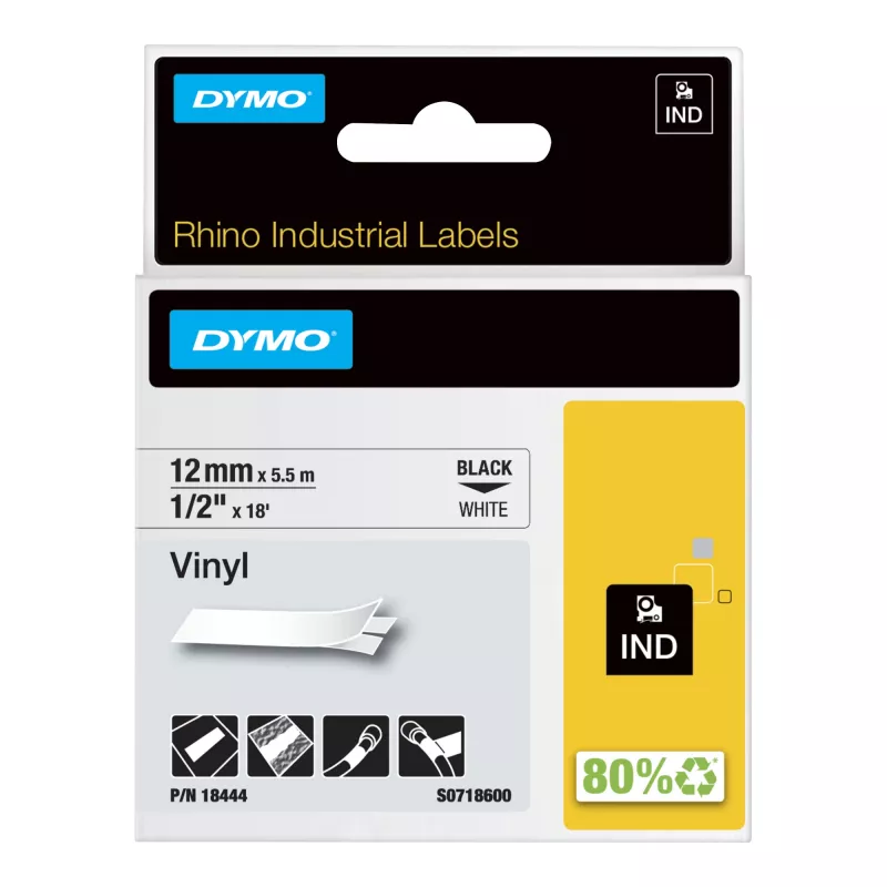 DYMO Rhino Industrie-Vinyl-Etiketten | 12 mm x 5,5 m | Schwarzer Druck auf Weiß | Selbstklebend | für Rhino & LabelManager Etikettendrucker