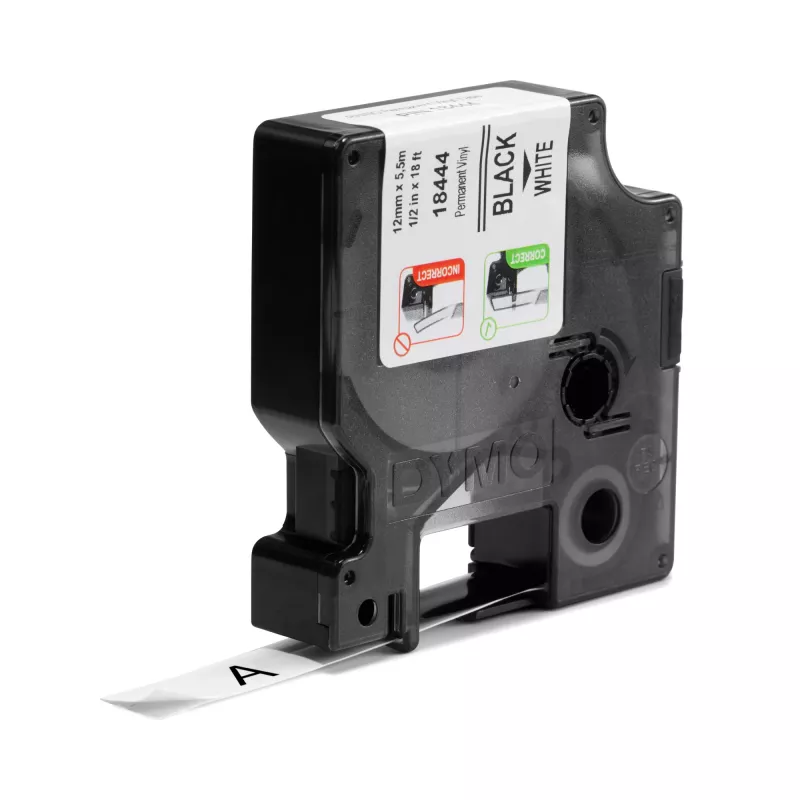 DYMO Rhino Industrie-Vinyl-Etiketten | 12 mm x 5,5 m | Schwarzer Druck auf Weiß | Selbstklebend | für Rhino & LabelManager Etikettendrucker