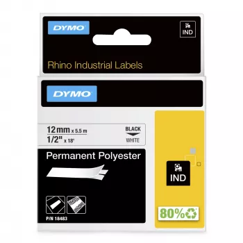 DYMO Rhino Industrie Permanent-Polyester-Etiketten | 12 mm x 5,5 m | Schwarzer Druck auf Weiß | Selbstklebend | für Rhino & LabelManager Etikettendrucker