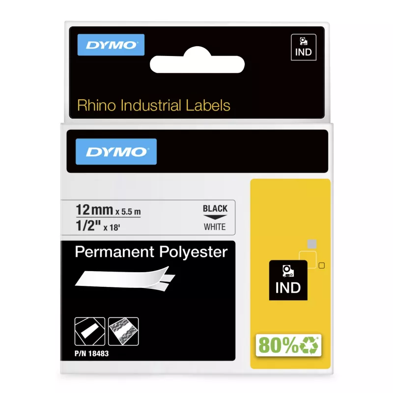 DYMO Rhino Industrie Permanent-Polyester-Etiketten | 12 mm x 5,5 m | Schwarzer Druck auf Weiß | Selbstklebend | für Rhino & LabelManager Etikettendrucker