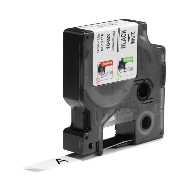 DYMO Rhino Industrie Permanent-Polyester-Etiketten | 12 mm x 5,5 m | Schwarzer Druck auf Weiß | Selbstklebend | für Rhino & LabelManager Etikettendrucker