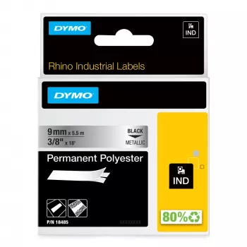 DYMO Rhino Industrie-Permanente Polyester-Etiketten | 9 mm x 5,5 m | Schwarzer Druck auf Metallic | Selbstklebend | für Rhino & LabelManager Etikettendrucker