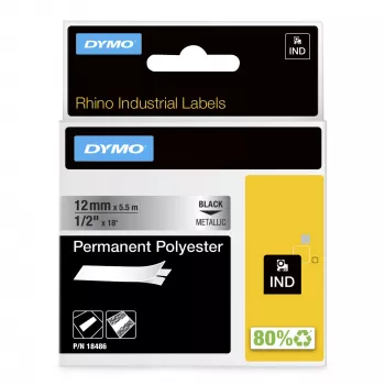 DYMO Rhino Industrial Permanente Polyester-Etiketten | 12 mm x 5,5 m | Schwarzer Druck auf Metallic | für Rhino & LabelManager Etikettendrucker