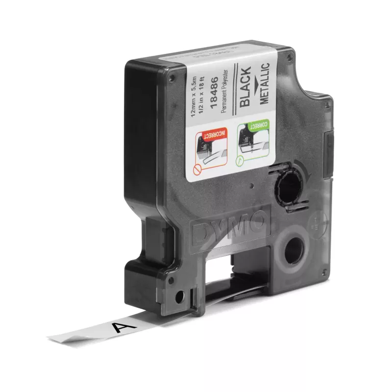 DYMO Rhino Industrial Permanente Polyester-Etiketten | 12 mm x 5,5 m | Schwarzer Druck auf Metallic | für Rhino & LabelManager Etikettendrucker