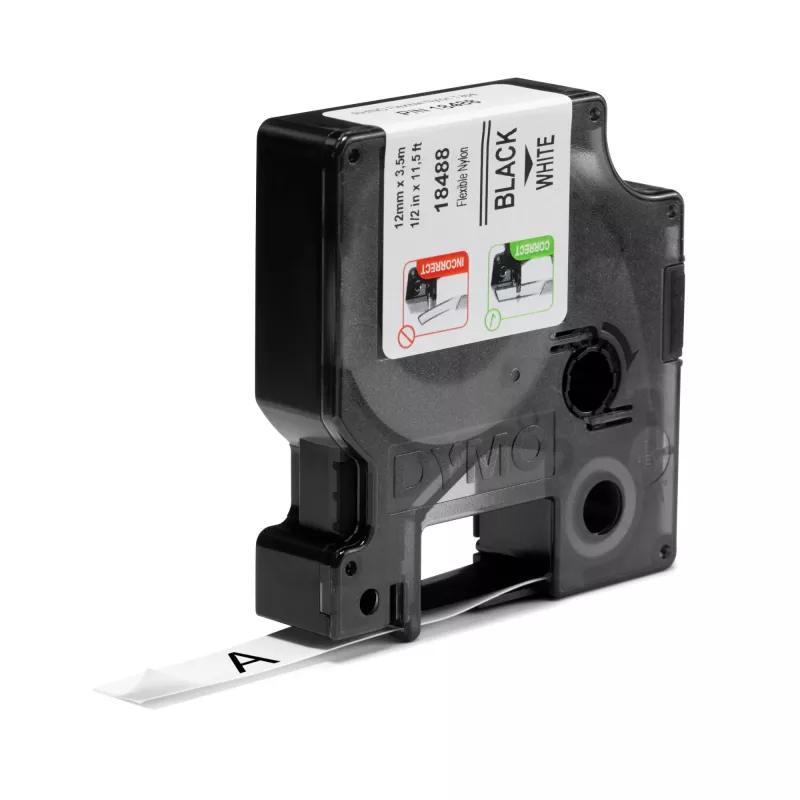 DYMO Rhino Industrie Flexible Nylonetiketten | 12 mm x 3,5 m | Schwarzer Druck auf Weiß | Selbstklebend | für Rhino & LabelManager Etikettendrucker