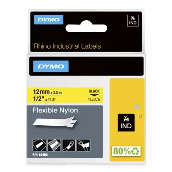 DYMO Rhino Industrial Flexible Nylonetiketten | 12 mm x 3,5 m | Schwarzer Druck auf Gelb | Selbstklebend | für Rhino & LabelManager Etikettendrucker