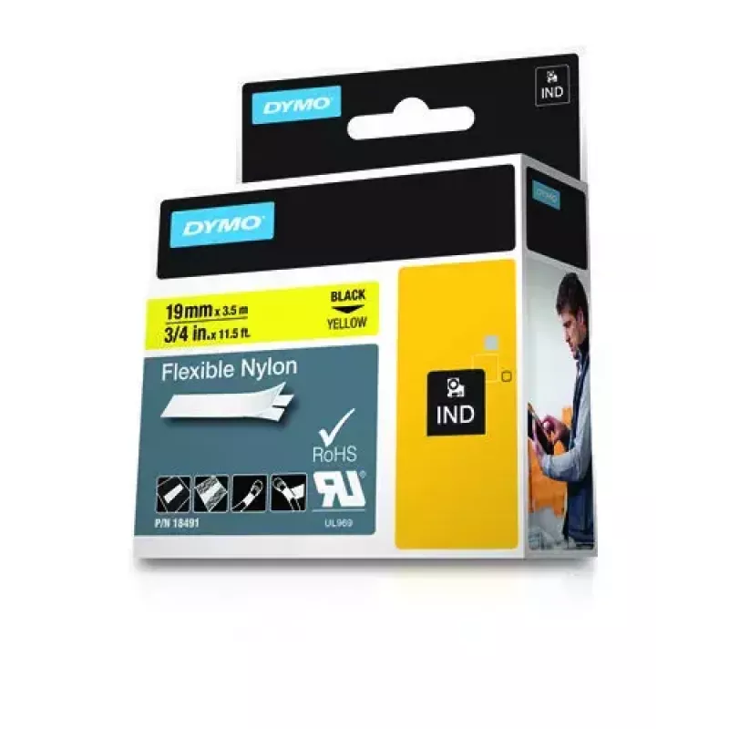 DYMO Rhino Industrial Flexible Nylonetiketten | 19 mm x 3,5 m | Schwarzer Druck auf Gelb | Selbstklebend | für Rhino & LabelManager Etikettendrucker