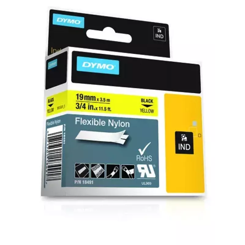 DYMO Rhino Industrial Flexible Nylonetiketten | 19 mm x 3,5 m | Schwarzer Druck auf Gelb | Selbstklebend | für Rhino & LabelManager Etikettendrucker