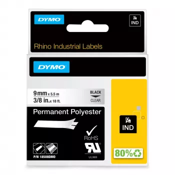 DYMO Rhino Industrie-Permanente Polyester-Etiketten | 9 mm x 5,5 m | Schwarzdruck auf Transparent | Selbstklebend | für LabelManager & Rhino Etikettendrucker
