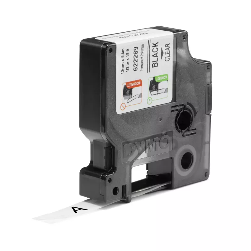 DYMO Rhino Industrial Dauerhafte Polyester-Etiketten | 12 mm x 5,5 m | Schwarzer Druck auf Transparent | Selbstklebend | für LabelManager & Rhino Beschriftungsgeräte