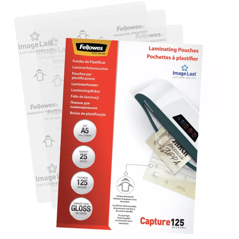 Fellowes ImageLast A5 125 Micron Laminierfolien – 25er-Packung, glänzend, transparent, A5, 0,125 mm, 218 mm, 1 mm