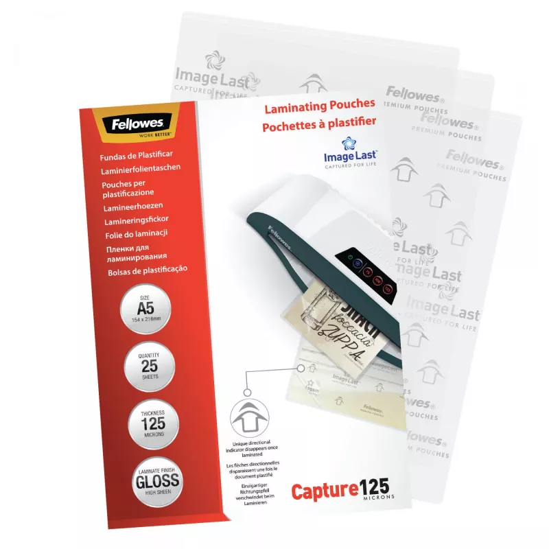 Fellowes ImageLast A5 125 Micron Laminierfolien – 25er-Packung, glänzend, transparent, A5, 0,125 mm, 218 mm, 1 mm