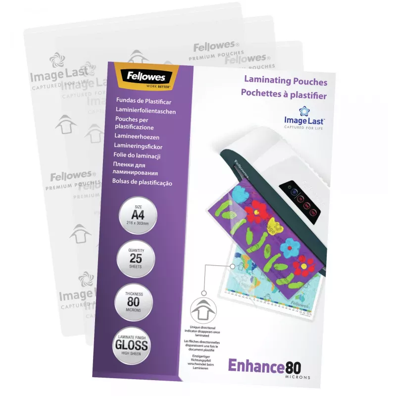 Fellowes ImageLast A4 80 Mikron Laminierfolien – 25er-Packung, glänzend, transparent, A4, 0,08 mm, 210 mm, 1 mm