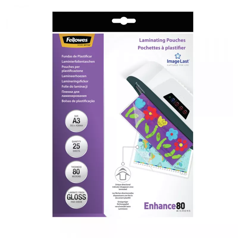 Fellowes ImageLast A3 80 Micron Laminierfolie - 25er-Packung, glänzend, transparent, A3, 0,08 mm, 430 mm, 1 mm
