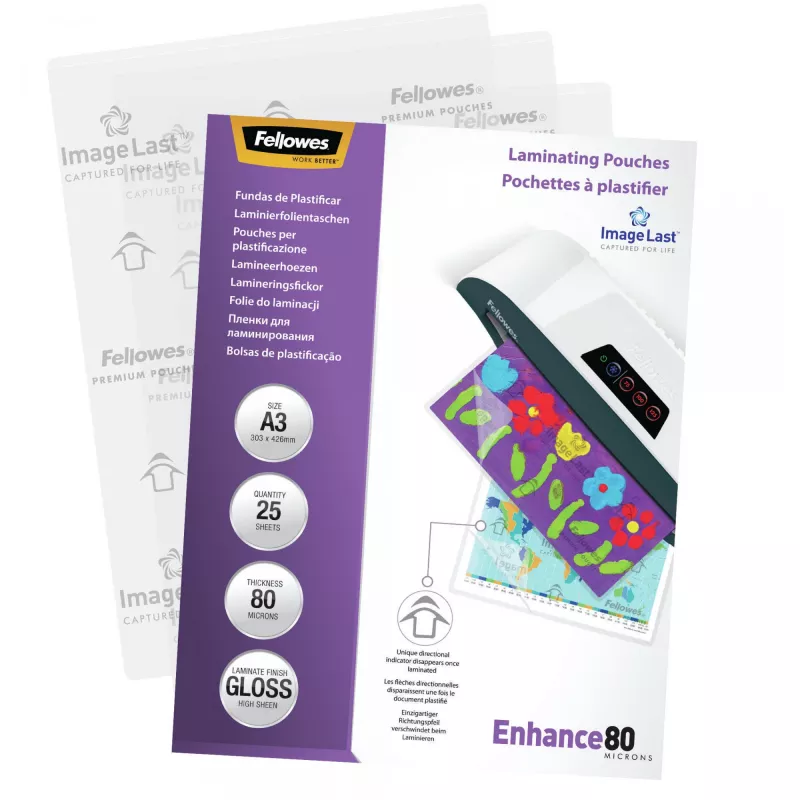 Fellowes ImageLast A3 80 Micron Laminierfolie - 25er-Packung, glänzend, transparent, A3, 0,08 mm, 430 mm, 1 mm
