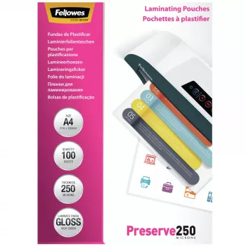 Fellowes A4 Glossy 250 Micron Laminierfolien – 100er-Packung, Glänzend, Transparent, A4, 0,25 mm, 210 mm, 1 mm