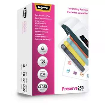 Fellowes A4 Glossy 250 Micron Laminierfolien – 100er-Packung, Glänzend, Transparent, A4, 0,25 mm, 210 mm, 1 mm