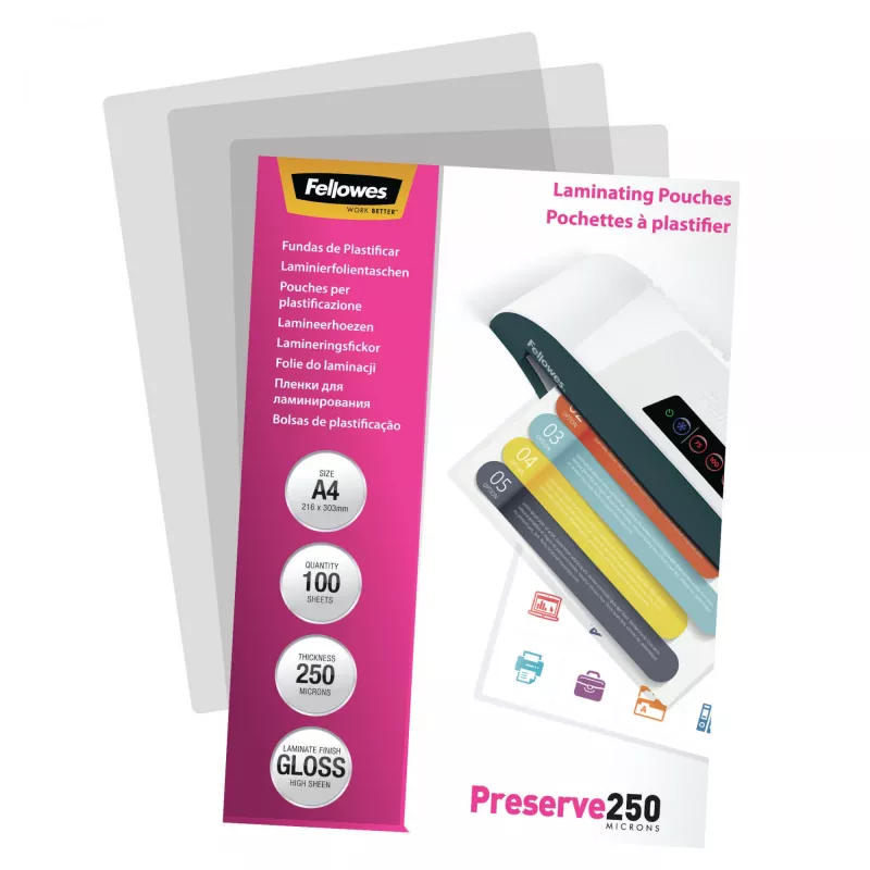 Fellowes A4 Glossy 250 Micron Laminierfolien – 100er-Packung, Glänzend, Transparent, A4, 0,25 mm, 210 mm, 1 mm