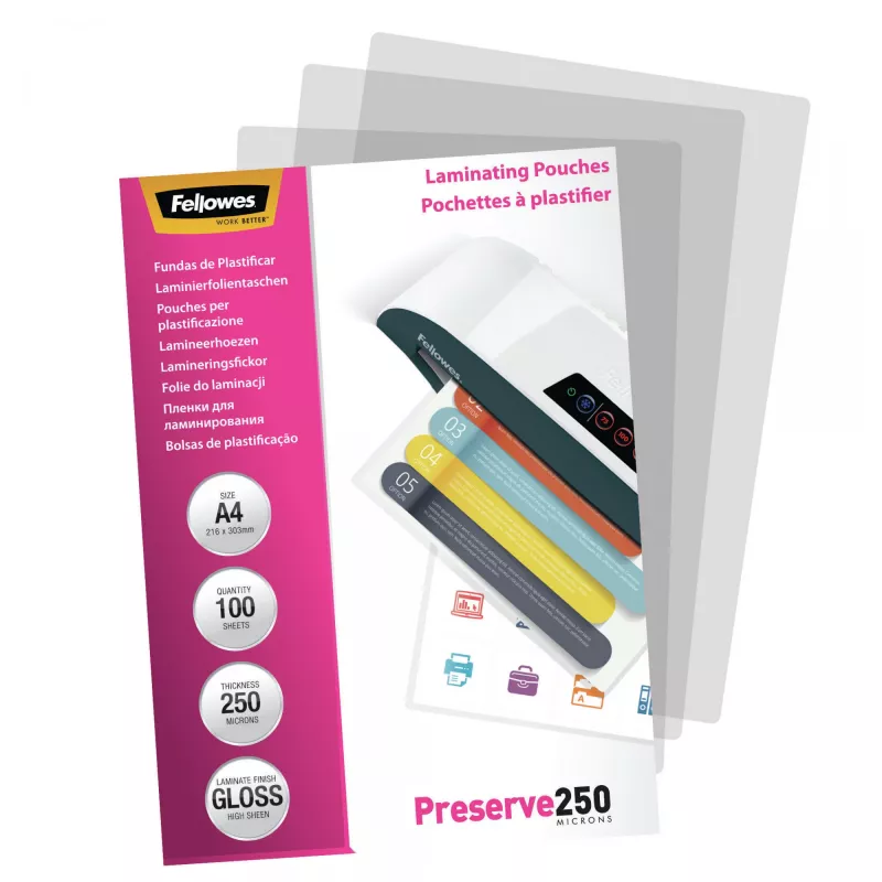 Fellowes A4 Glossy 250 Micron Laminierfolien – 100er-Packung, Glänzend, Transparent, A4, 0,25 mm, 210 mm, 1 mm
