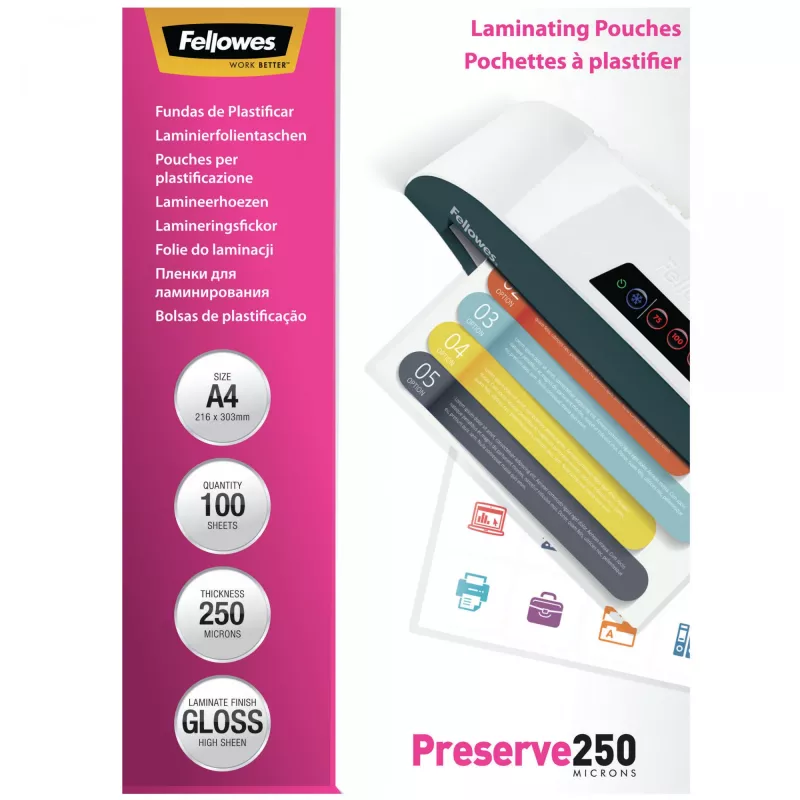 Fellowes A4 Glossy 250 Micron Laminierfolien – 100er-Packung, Glänzend, Transparent, A4, 0,25 mm, 210 mm, 1 mm