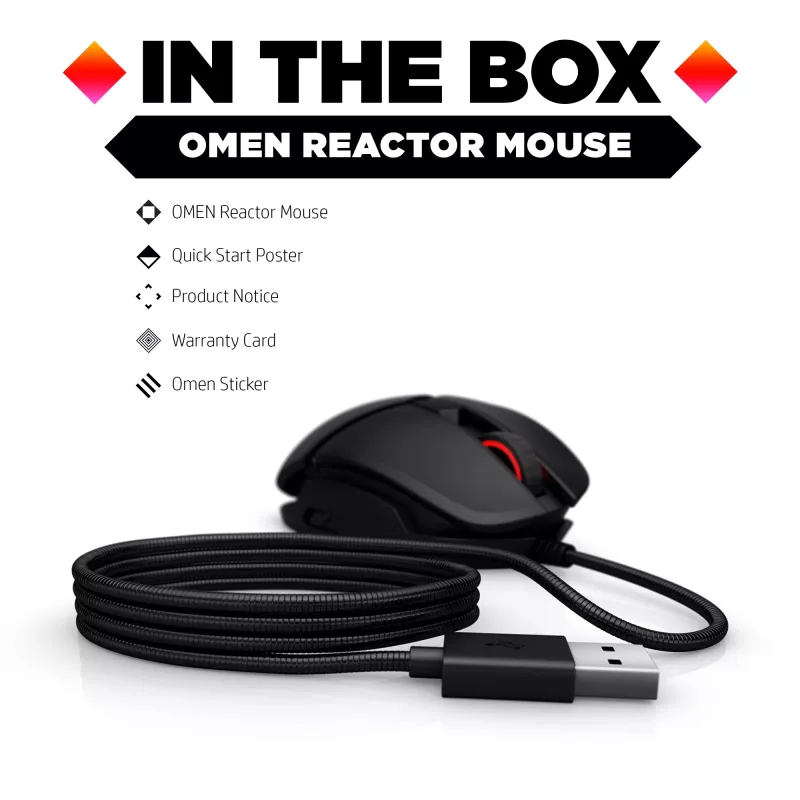HP OMEN by Reactor Maus, Rechtshänder, Optisch, USB Typ-A, 16000 DPI, 0,2 ms, Schwarz