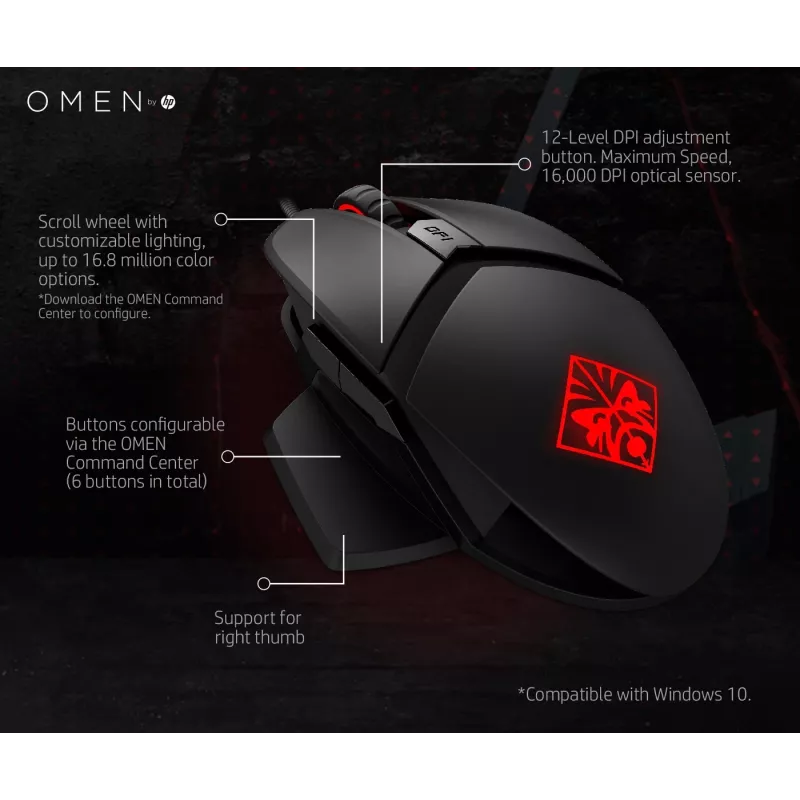 HP OMEN by Reactor Maus, Rechtshänder, Optisch, USB Typ-A, 16000 DPI, 0,2 ms, Schwarz