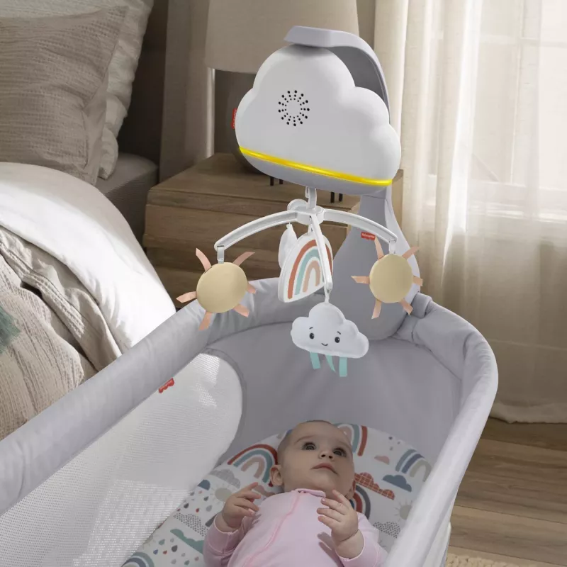 Fisher-Price Rainbow Showers Beistellbett-Bett-Mobile, Kinderbett, Klang, Nachtlicht, integrierter Timer, Stoff, Kunststoff