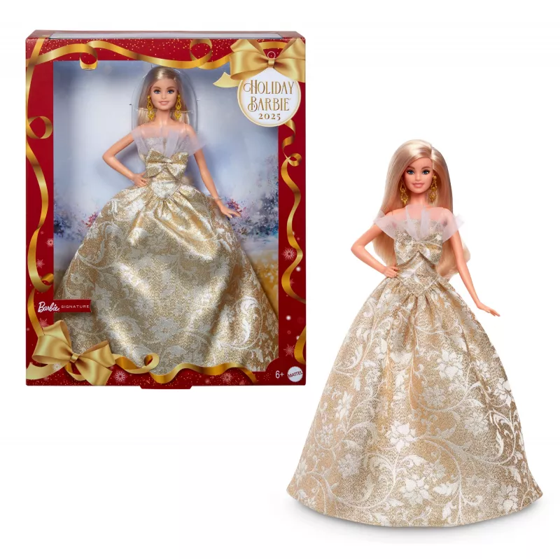 Barbie Signature 2025 Holiday Fashion Puppe, Saisonale Sammlerpuppe, Blond mit silbernem und goldenem Kleid