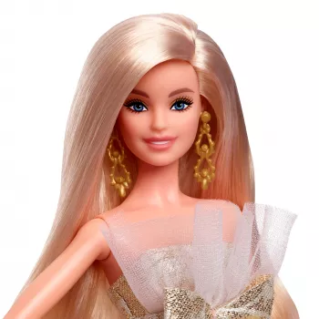 Barbie Signature 2025 Holiday Fashion Puppe, Saisonale Sammlerpuppe, Blond mit silbernem und goldenem Kleid