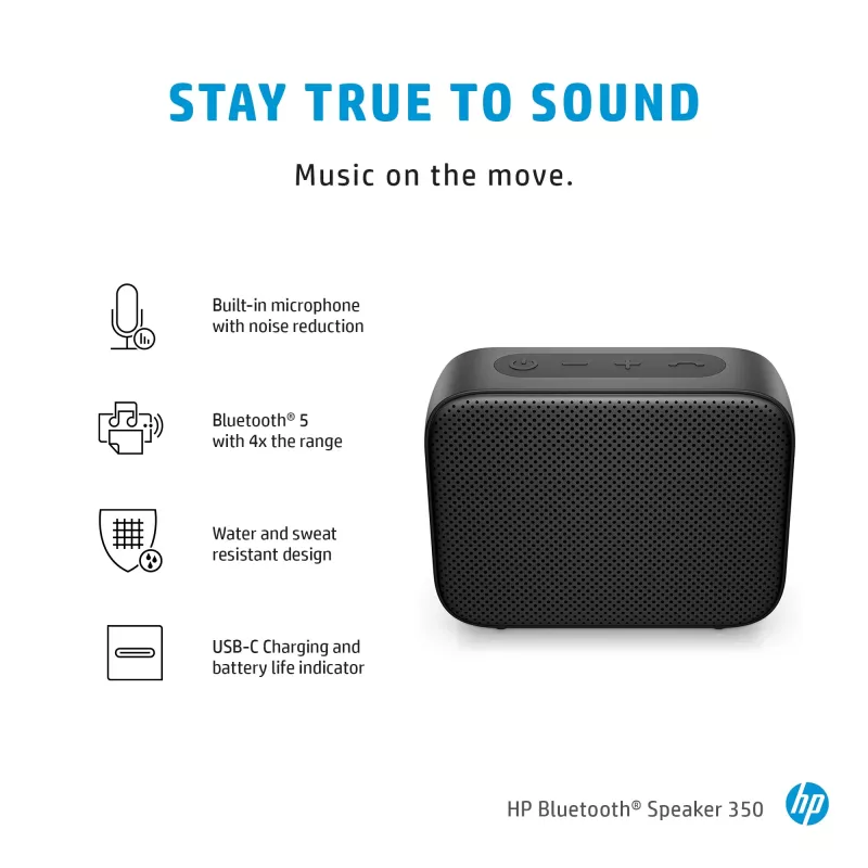HP Schwarz Bluetooth Speaker 350, Wireless, USB Type-C, Mono tragbarer Lautsprecher, Schwarz, Rechteckig, Tasten